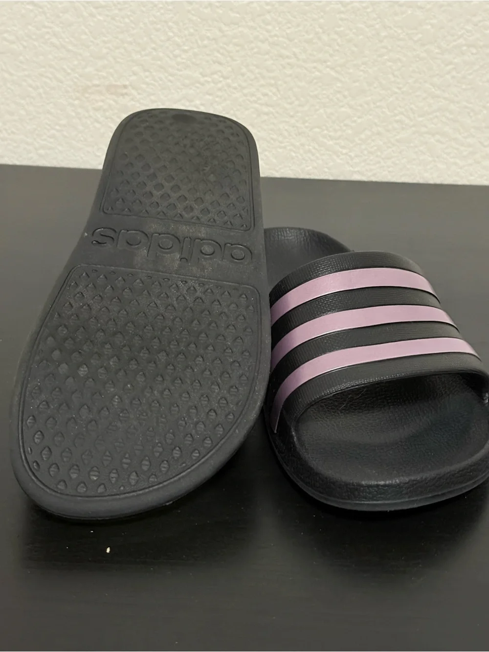 Adidas kids Black Slide Sandals with Pink Stripes